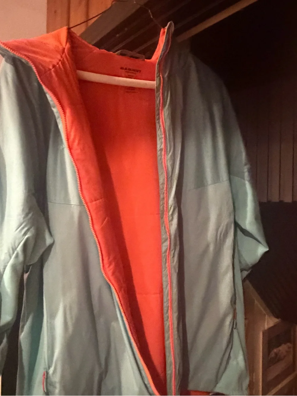 Lightweight Men's Hooded Windbreaker Jacket - Seafoam with Orange Trim